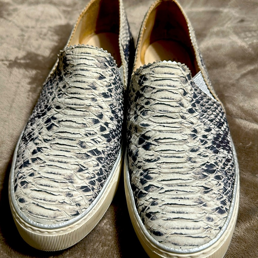 Stuart Weitzman snakeskin slip on canvas shoe